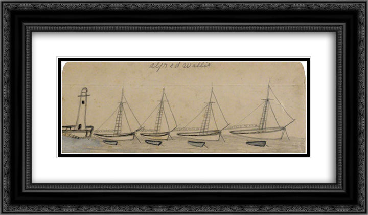 Lighthouse, Four Moored Sail Boats and Rowing Boats 24x14 Black Ornate Wood Framed Art Print Poster with Double Matting by Wallis, Alfred