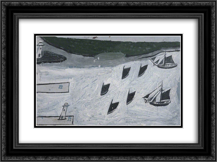 Seven Boats Entering Harbour 24x18 Black Ornate Wood Framed Art Print Poster with Double Matting by Wallis, Alfred