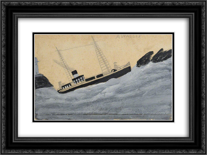 Steamboat with Two Sailors, Lighthouse and Rocks 24x18 Black Ornate Wood Framed Art Print Poster with Double Matting by Wallis, Alfred