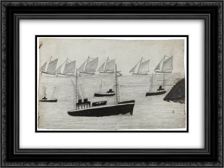 The Fleet at Sea 24x18 Black Ornate Wood Framed Art Print Poster with Double Matting by Wallis, Alfred