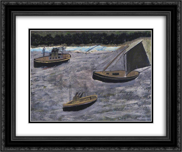Three Boats off the Shore 24x20 Black Ornate Wood Framed Art Print Poster with Double Matting by Wallis, Alfred