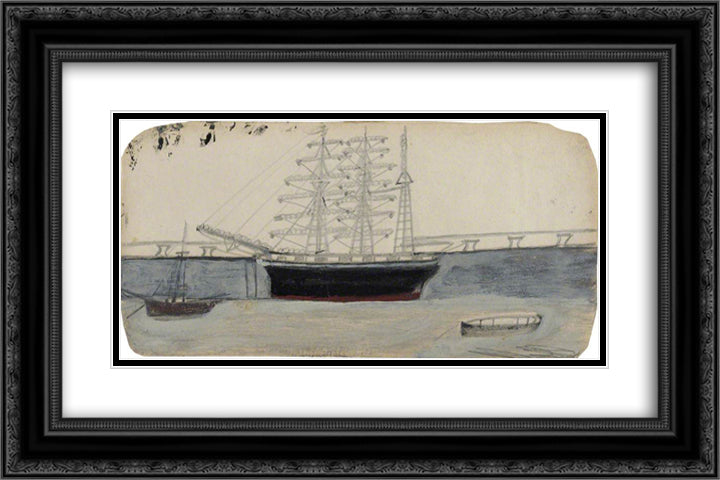 Three-Masted Ship 24x16 Black Ornate Wood Framed Art Print Poster with Double Matting by Wallis, Alfred