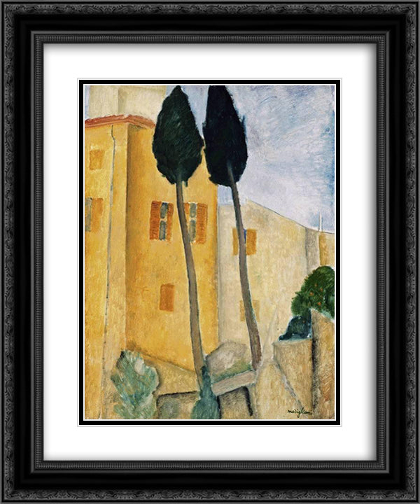 Cypress Trees and House 20x24 Black Ornate Wood Framed Art Print Poster with Double Matting by Modigliani, Amedeo