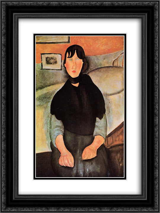 Dark Young Woman Seated by a Bed 18x24 Black Ornate Wood Framed Art Print Poster with Double Matting by Modigliani, Amedeo