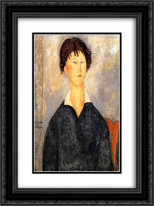 Portrait of a Woman with a White Collar 18x24 Black Ornate Wood Framed Art Print Poster with Double Matting by Modigliani, Amedeo