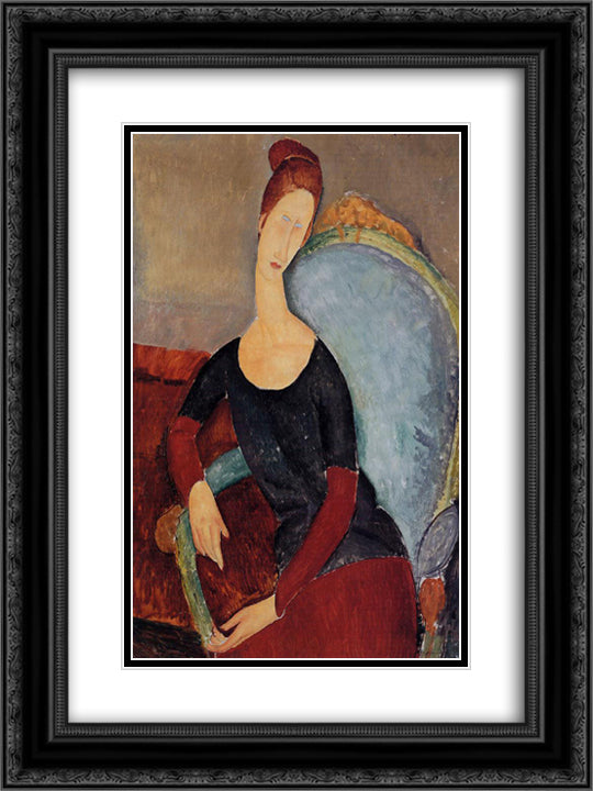 Portrait of Jeanne Hebuterne in a Blue Chair 18x24 Black Ornate Wood Framed Art Print Poster with Double Matting by Modigliani, Amedeo
