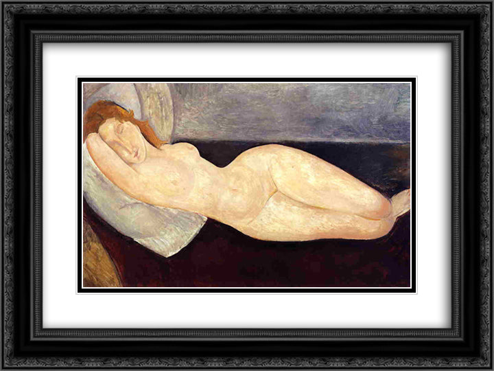 Reclining nude with head resting on right arm 24x18 Black Ornate Wood Framed Art Print Poster with Double Matting by Modigliani, Amedeo