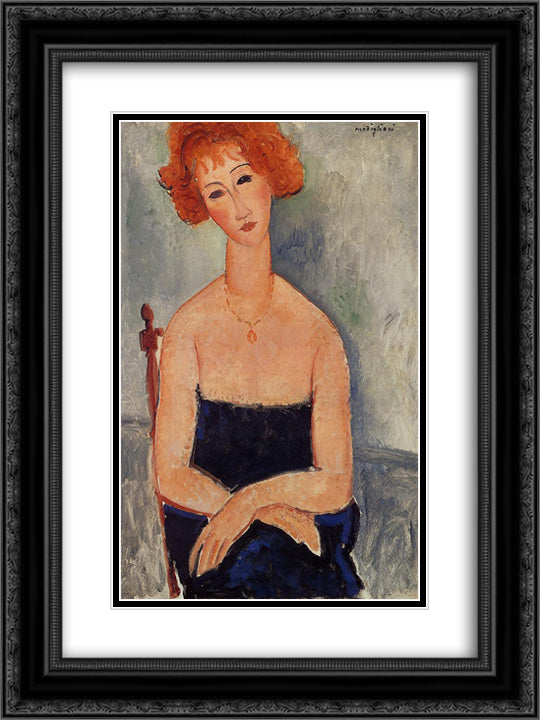 Redheaded woman wearing a pendant 18x24 Black Ornate Wood Framed Art Print Poster with Double Matting by Modigliani, Amedeo
