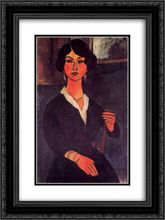 Seated Algerian Almaiisa 18x24 Black Ornate Wood Framed Art Print Poster with Double Matting by Modigliani, Amedeo