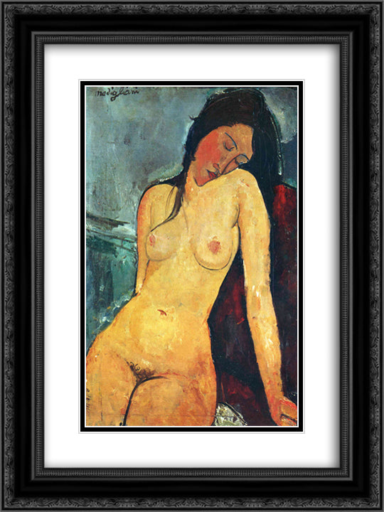 Seated female nude 18x24 Black Ornate Wood Framed Art Print Poster with Double Matting by Modigliani, Amedeo