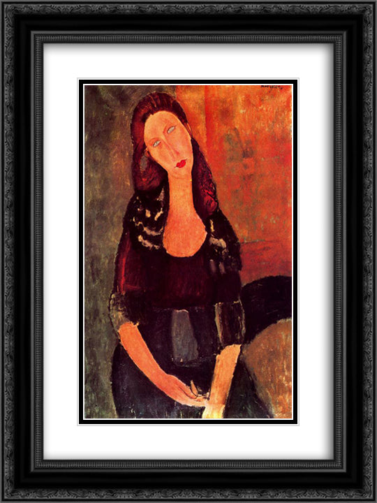 Seated Jeanne Hebuterne 18x24 Black Ornate Wood Framed Art Print Poster with Double Matting by Modigliani, Amedeo