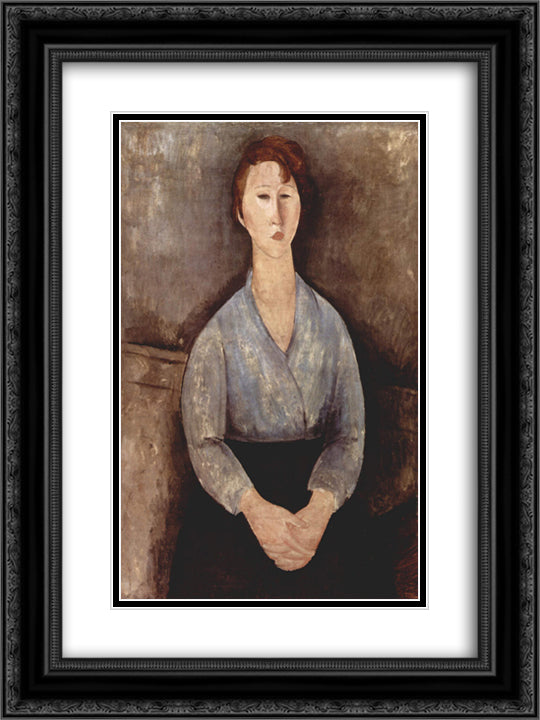 Seated woman weared in blue blouse 18x24 Black Ornate Wood Framed Art Print Poster with Double Matting by Modigliani, Amedeo