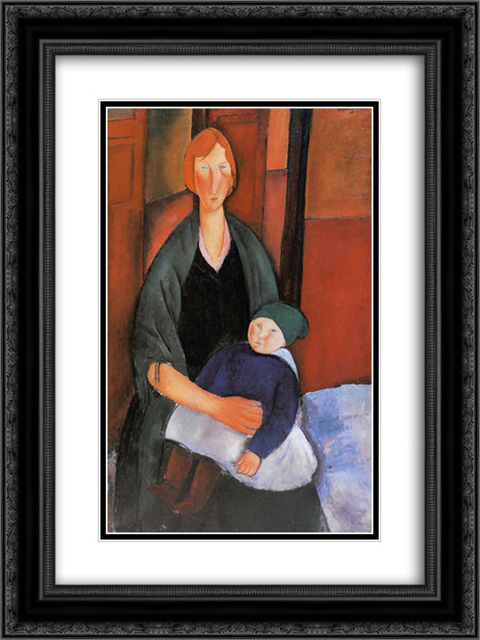 Seated Woman with Child (Motherhood) 18x24 Black Ornate Wood Framed Art Print Poster with Double Matting by Modigliani, Amedeo