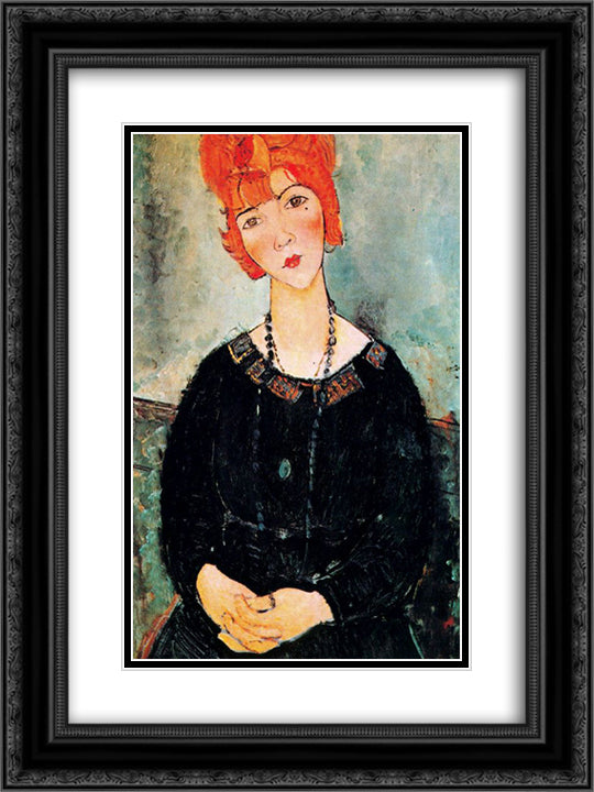 Woman With a Necklace 18x24 Black Ornate Wood Framed Art Print Poster with Double Matting by Modigliani, Amedeo