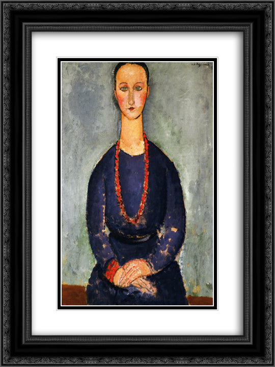 Woman with a Red Necklace 18x24 Black Ornate Wood Framed Art Print Poster with Double Matting by Modigliani, Amedeo