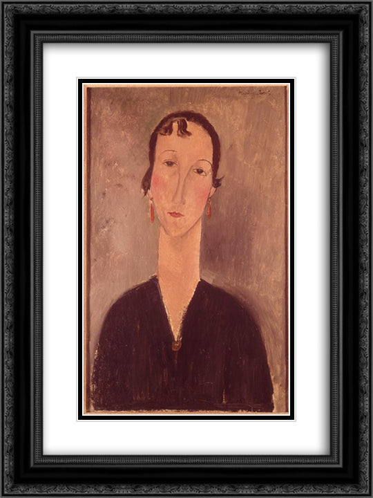 Woman with earrings 18x24 Black Ornate Wood Framed Art Print Poster with Double Matting by Modigliani, Amedeo