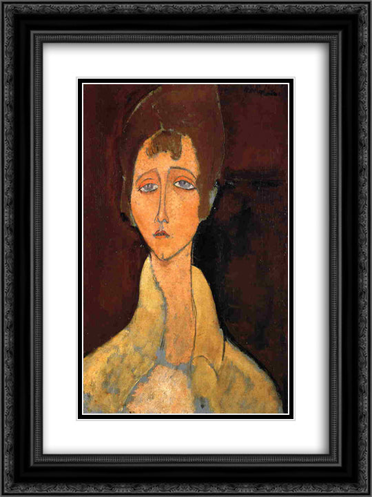 Woman with White Coat 18x24 Black Ornate Wood Framed Art Print Poster with Double Matting by Modigliani, Amedeo