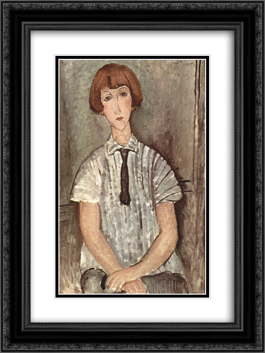 Young Girl in a Striped Shirt 18x24 Black Ornate Wood Framed Art Print Poster with Double Matting by Modigliani, Amedeo
