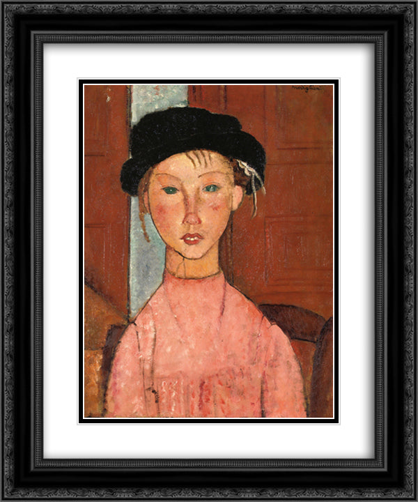 Young Girl in Beret 20x24 Black Ornate Wood Framed Art Print Poster with Double Matting by Modigliani, Amedeo