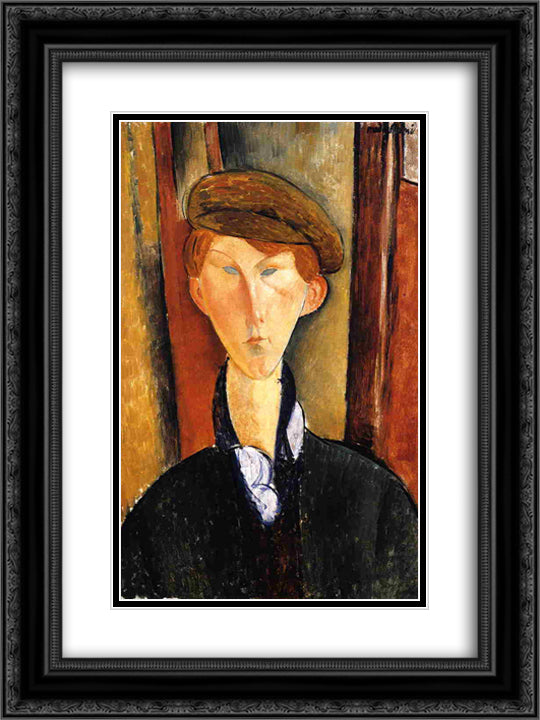 Young Man with Cap 18x24 Black Ornate Wood Framed Art Print Poster with Double Matting by Modigliani, Amedeo