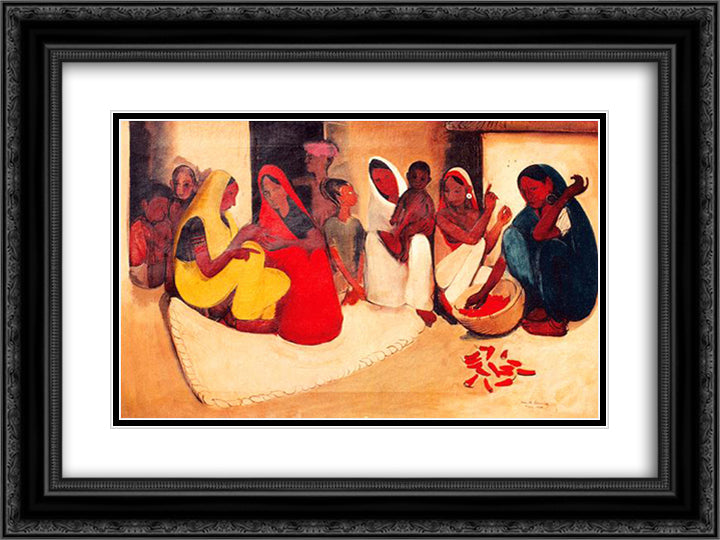 Village Scene 24x18 Black Ornate Wood Framed Art Print Poster with Double Matting by Sher Gil, Amrita