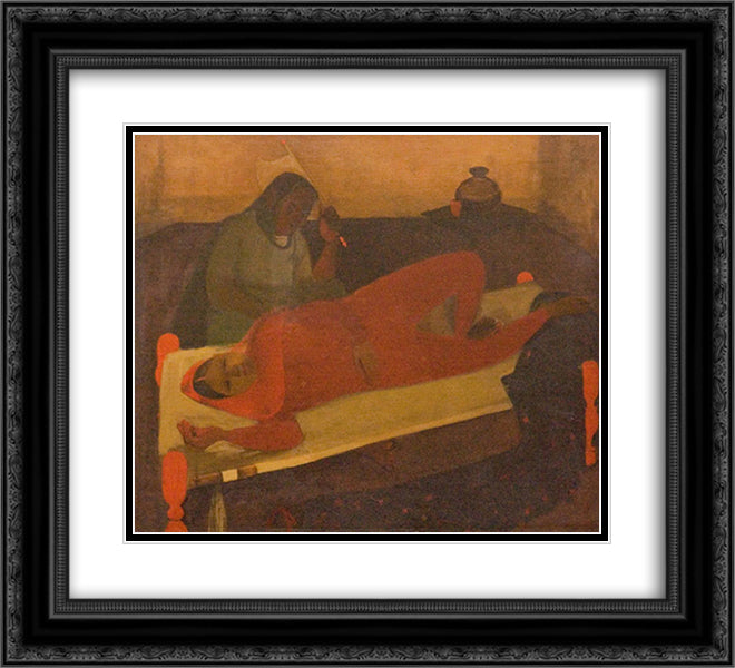 Woman on Charpai 22x20 Black Ornate Wood Framed Art Print Poster with Double Matting by Sher Gil, Amrita