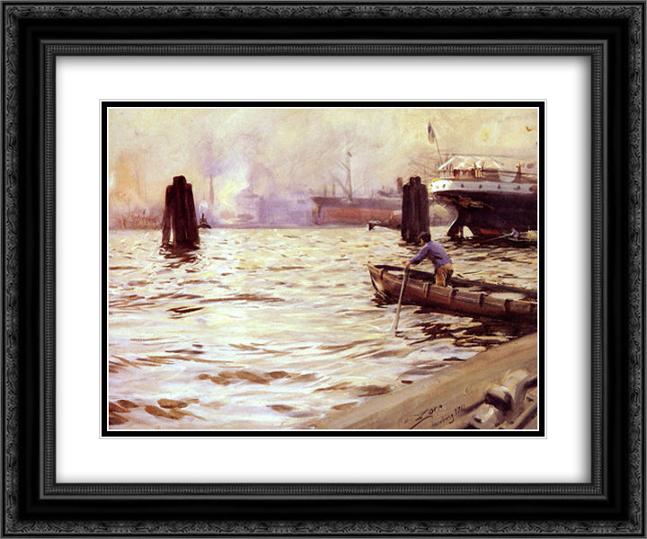 Hamburg Harbour 24x20 Black Ornate Wood Framed Art Print Poster with Double Matting by Zorn, Anders