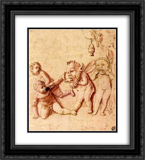 Children playing with masks 20x22 Black Ornate Wood Framed Art Print Poster with Double Matting by Mantegna, Andrea