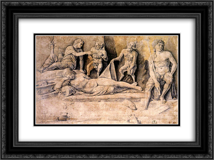 Mythological Scene, Metamorphoses of Amymone 24x18 Black Ornate Wood Framed Art Print Poster with Double Matting by Mantegna, Andrea