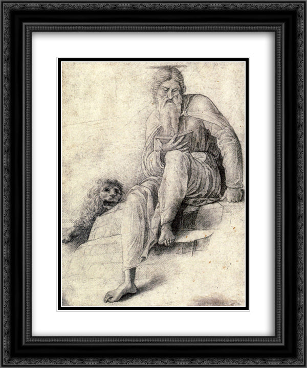 Saint Jerome reading with the Lion 20x24 Black Ornate Wood Framed Art Print Poster with Double Matting by Mantegna, Andrea