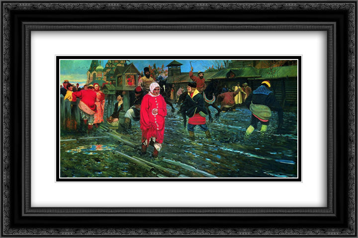 Moscow Street of XVII Century 24x16 Black Ornate Wood Framed Art Print Poster with Double Matting by Ryabushkin, Andrei