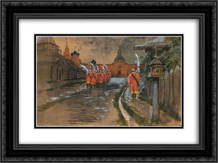 Strelets Patrol at Ilyinskie gates in the old Moscow 24x18 Black Ornate Wood Framed Art Print Poster with Double Matting by Ryabushkin, Andrei