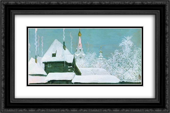 Winter Morning 24x16 Black Ornate Wood Framed Art Print Poster with Double Matting by Ryabushkin, Andrei