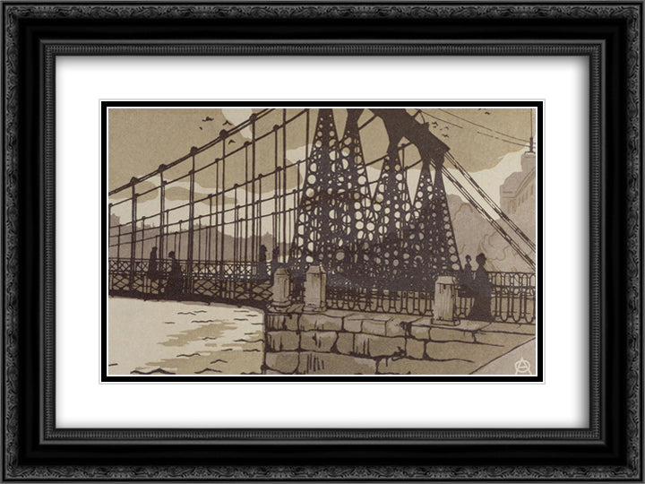 Chain Bridge in St. Petersburg 24x18 Black Ornate Wood Framed Art Print Poster with Double Matting by Ostroumova Lebedeva, Anna