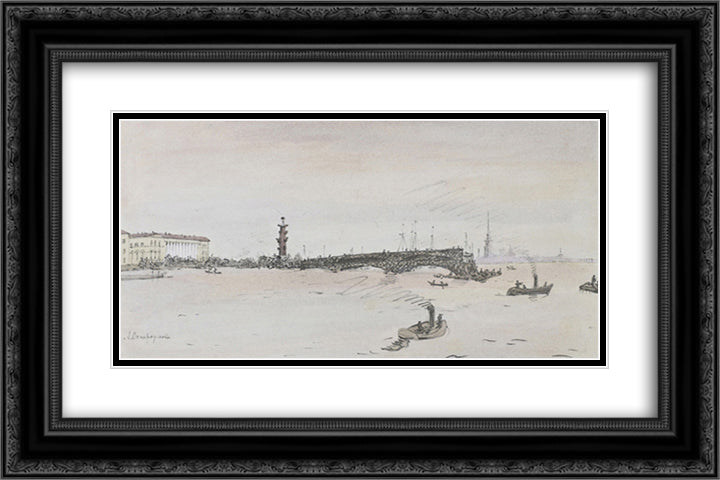 Construction of the Palace Bridge 24x16 Black Ornate Wood Framed Art Print Poster with Double Matting by Ostroumova Lebedeva, Anna