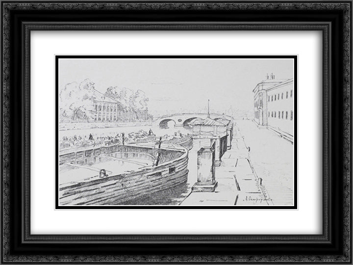 Fontanka near the Summer Garden 24x18 Black Ornate Wood Framed Art Print Poster with Double Matting by Ostroumova Lebedeva, Anna