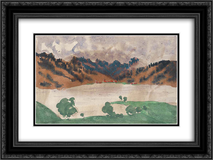 Landscape with a River (Norway between Bergen and Christiania) 24x18 Black Ornate Wood Framed Art Print Poster with Double Matting by Ostroumova Lebedeva, Anna