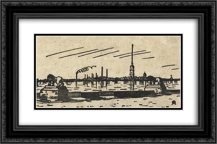 Lions and Castle (Ice drifts and Fortress) 24x16 Black Ornate Wood Framed Art Print Poster with Double Matting by Ostroumova Lebedeva, Anna