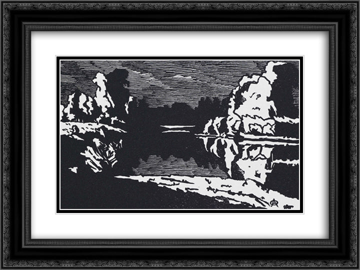 Moonlit night landscape 24x18 Black Ornate Wood Framed Art Print Poster with Double Matting by Ostroumova Lebedeva, Anna