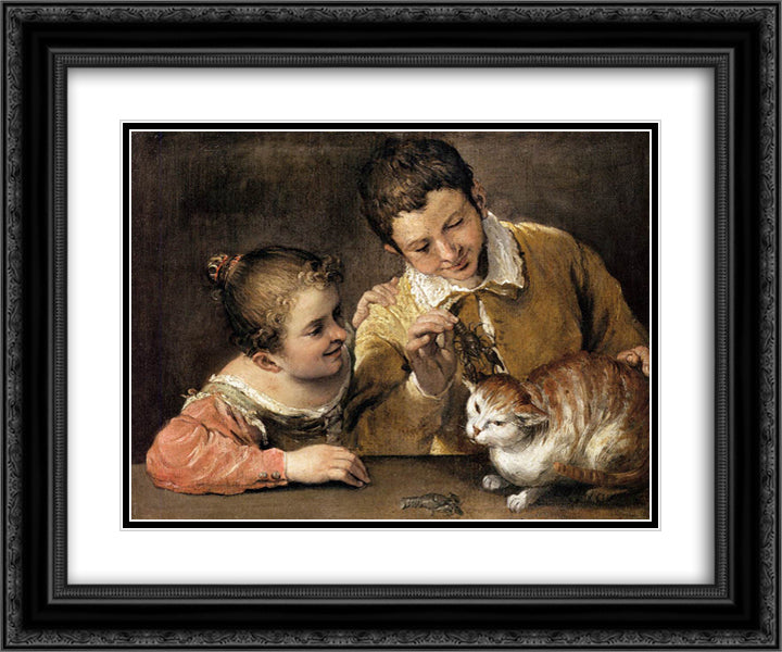 Two Children Teasing a Cat 24x20 Black Ornate Wood Framed Art Print Poster with Double Matting by Carracci, Annibale