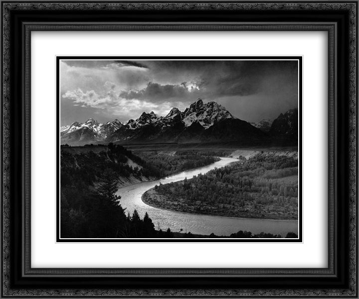 The Tetons and the Snake River 24x20 Black Ornate Wood Framed Art Print Poster with Double Matting by Adams, Ansel