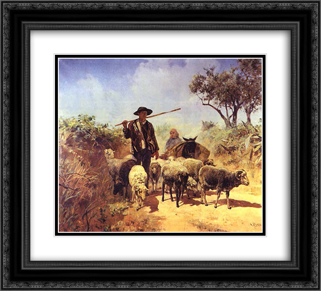 Guardando o Rebanho 22x20 Black Ornate Wood Framed Art Print Poster with Double Matting by Silva Porto, Antonio da