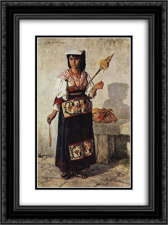Pequena Fiandeira Napolitana 18x24 Black Ornate Wood Framed Art Print Poster with Double Matting by Silva Porto, Antonio da