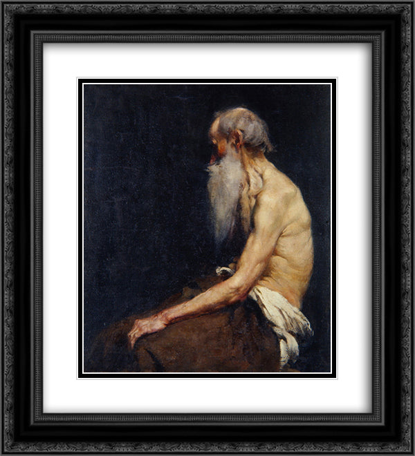 Sitting old man nude 20x22 Black Ornate Wood Framed Art Print Poster with Double Matting by Azbe, Anton