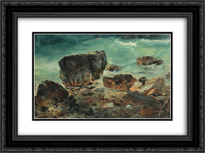 Coastal scene with larger rocks 24x18 Black Ornate Wood Framed Art Print Poster with Double Matting by Melbye, Anton