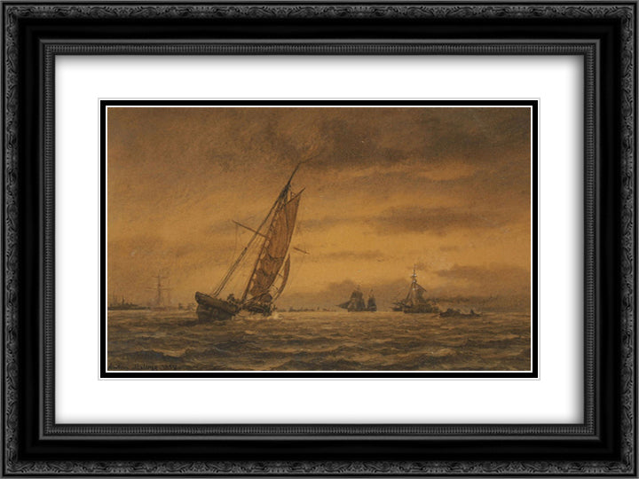 Numerous sailing ships at sea 24x18 Black Ornate Wood Framed Art Print Poster with Double Matting by Melbye, Anton