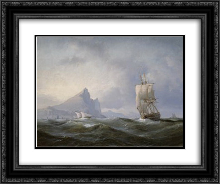 Sailing ship off Gibraltar 24x20 Black Ornate Wood Framed Art Print Poster with Double Matting by Melbye, Anton