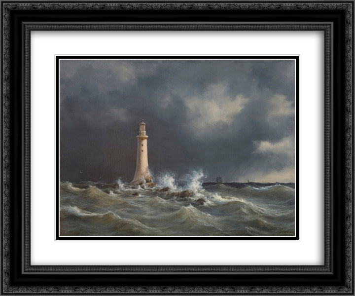 The Eddystone Lighthouse 24x20 Black Ornate Wood Framed Art Print Poster with Double Matting by Melbye, Anton