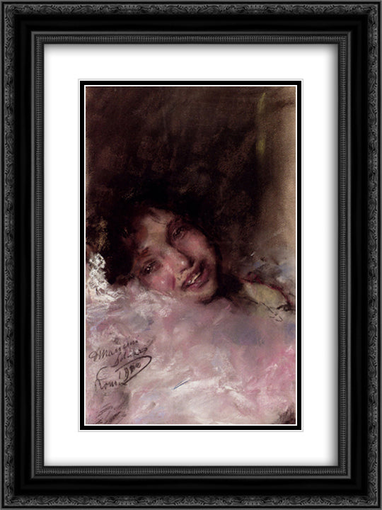 A Young Girl Laughing 18x24 Black Ornate Wood Framed Art Print Poster with Double Matting by Mancini, Antonio