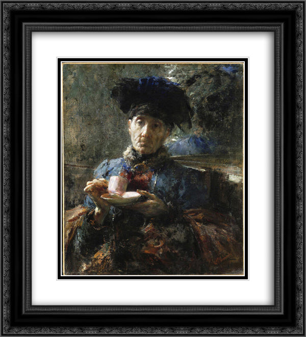 Old Woman Drinking Tea 20x22 Black Ornate Wood Framed Art Print Poster with Double Matting by Mancini, Antonio